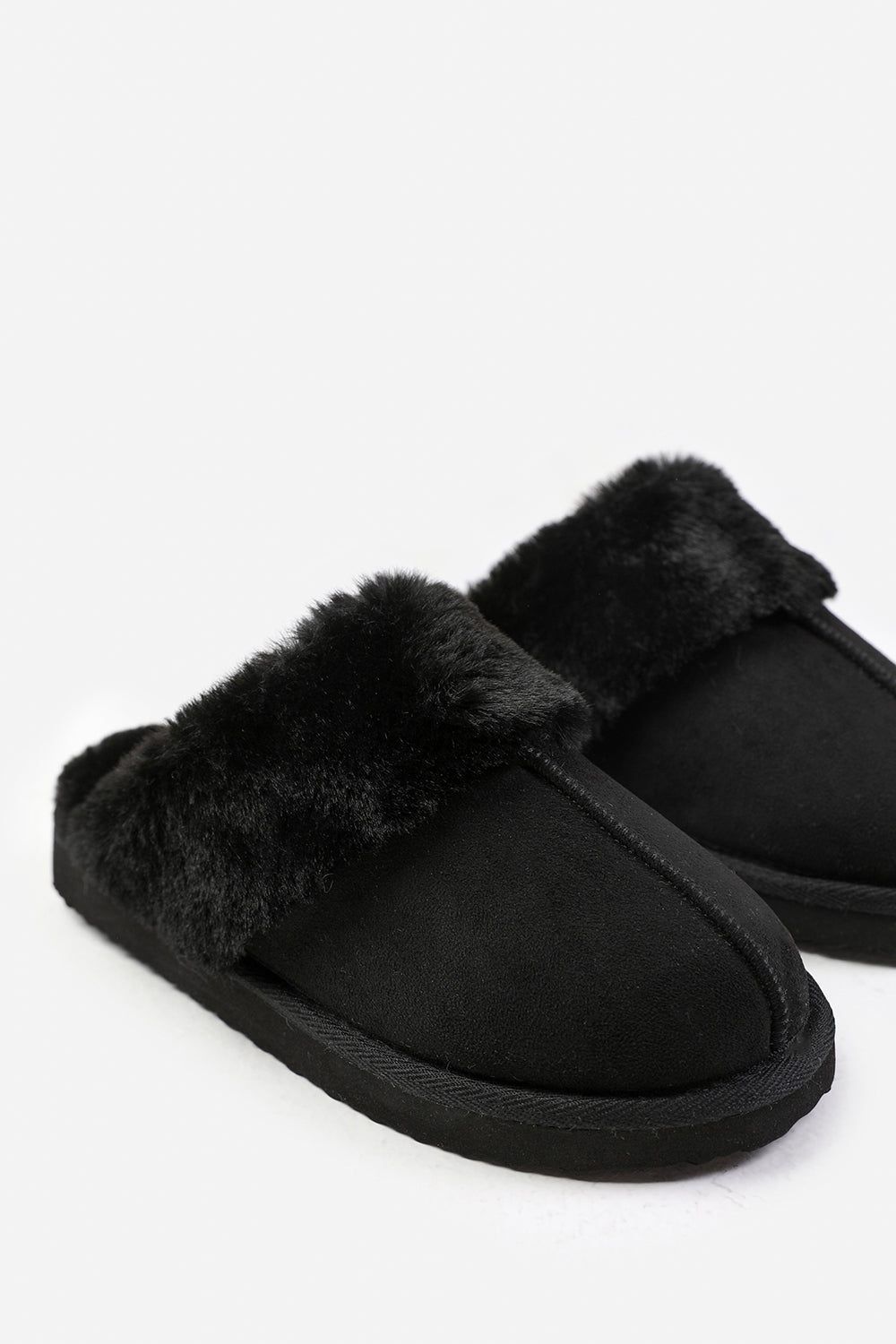 Sylvia Black Suede Mule Slippers With Cosy Faux Fur Trim