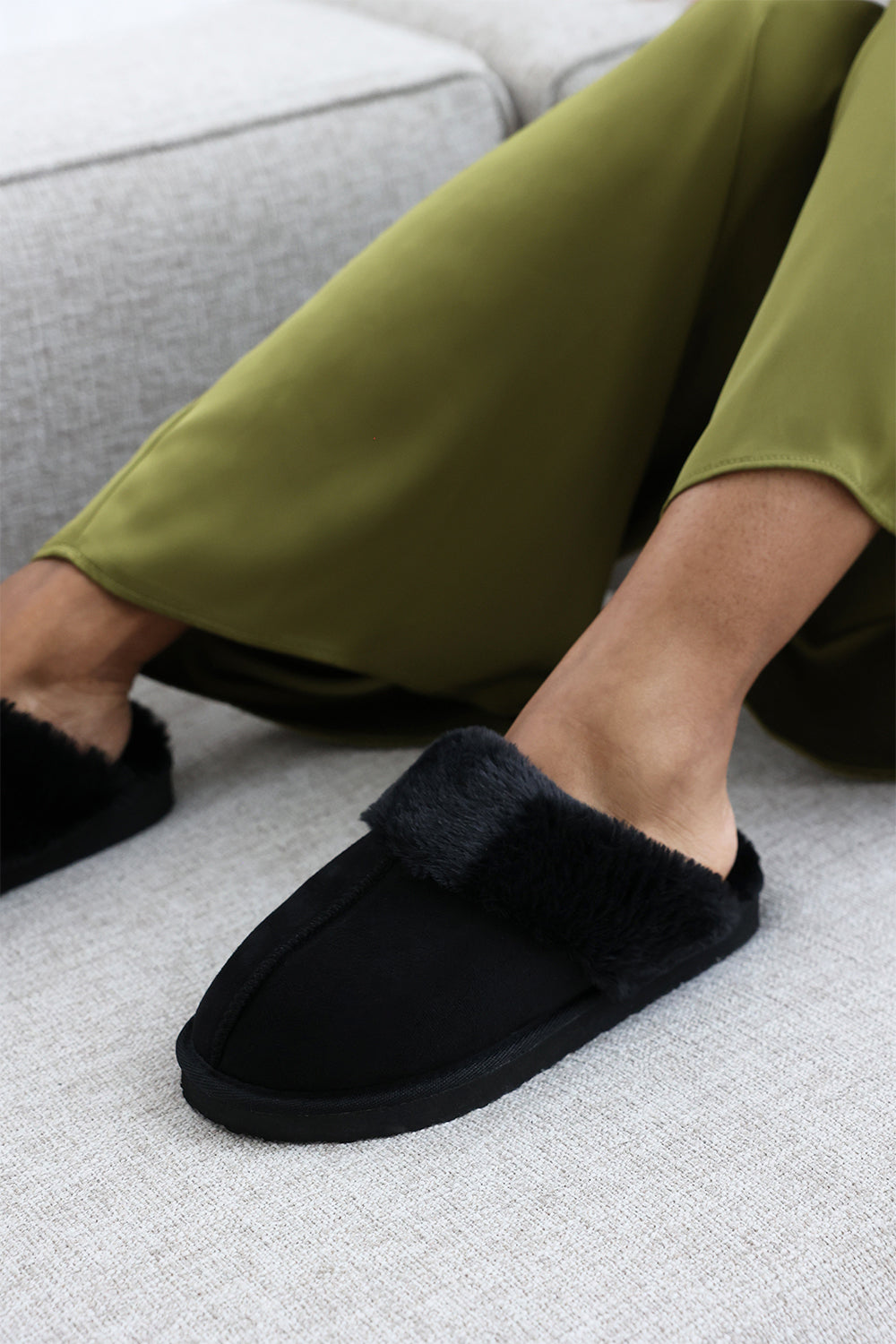 Sylvia Black Suede Mule Slippers With Cosy Faux Fur Trim