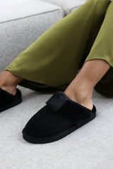 Sylvia Black Suede Mule Slippers With Cosy Faux Fur Trim