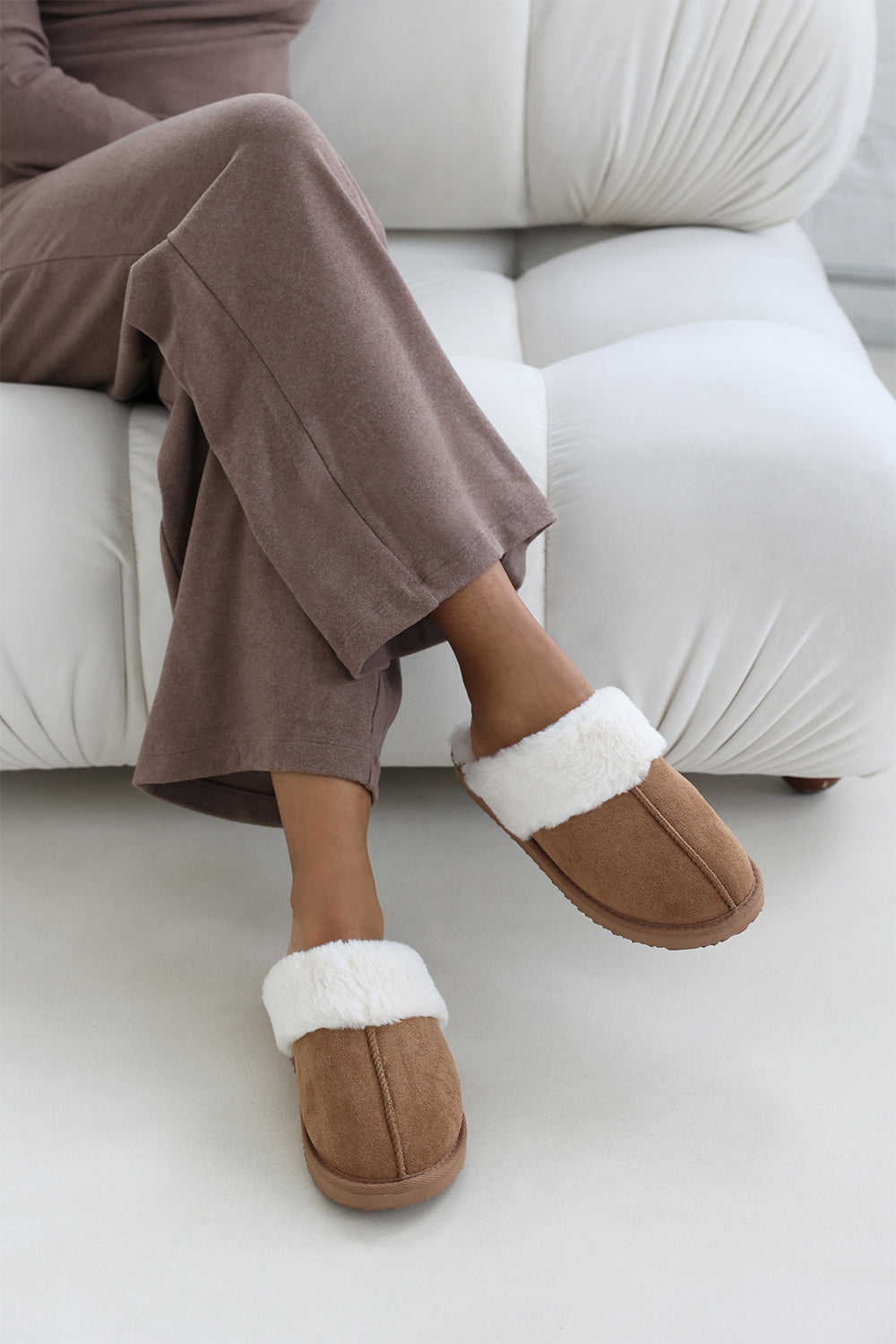 Ciara Camel Suede Faux Fur Trim Mule Slipper