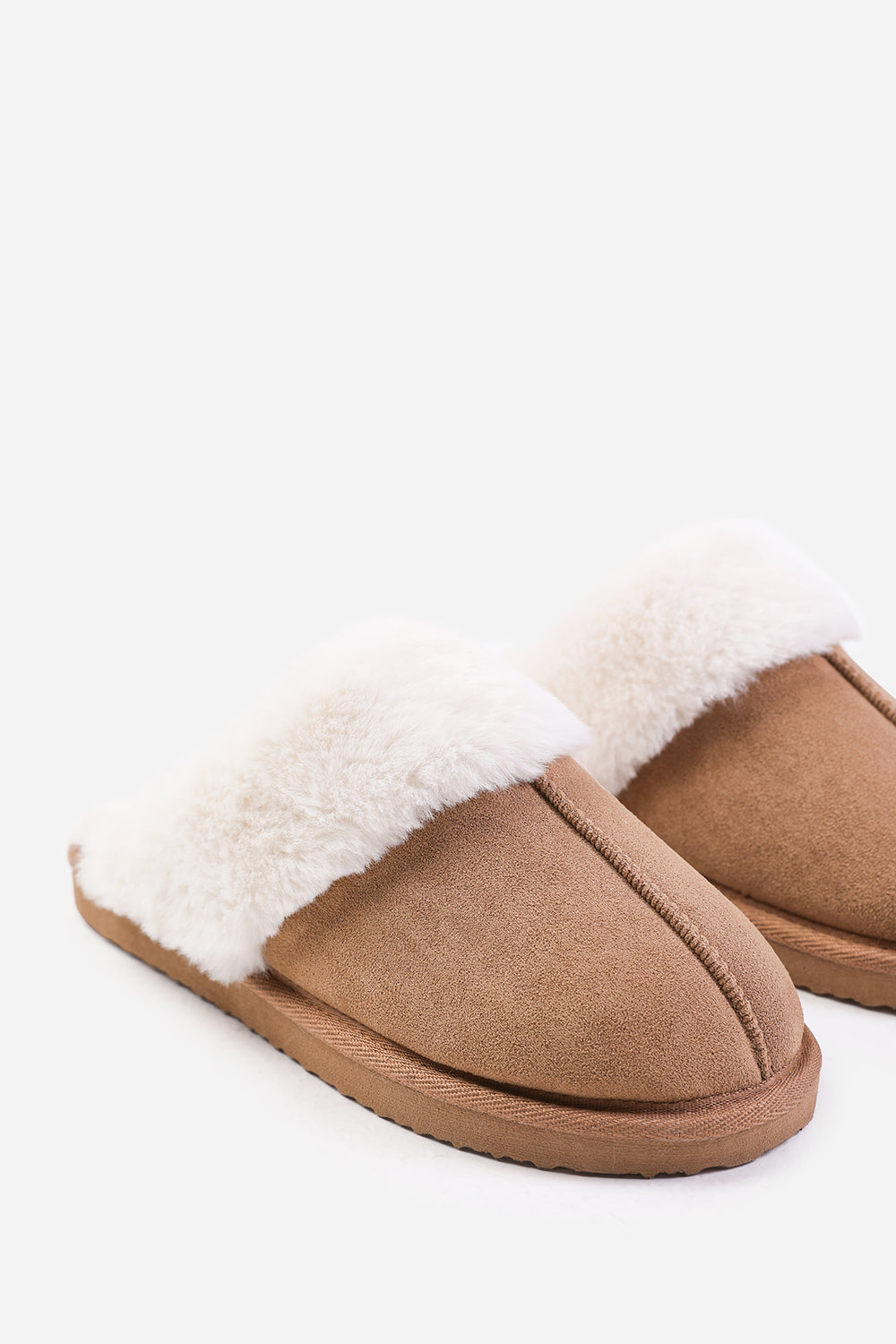 Ciara Camel Suede Faux Fur Trim Mule Slipper