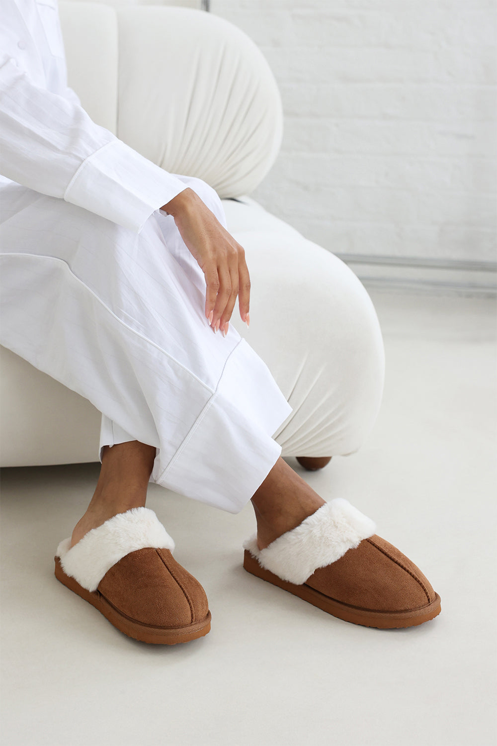 Sylvia Chestnut Suede Mule Slippers With Cosy Faux Fur Trim