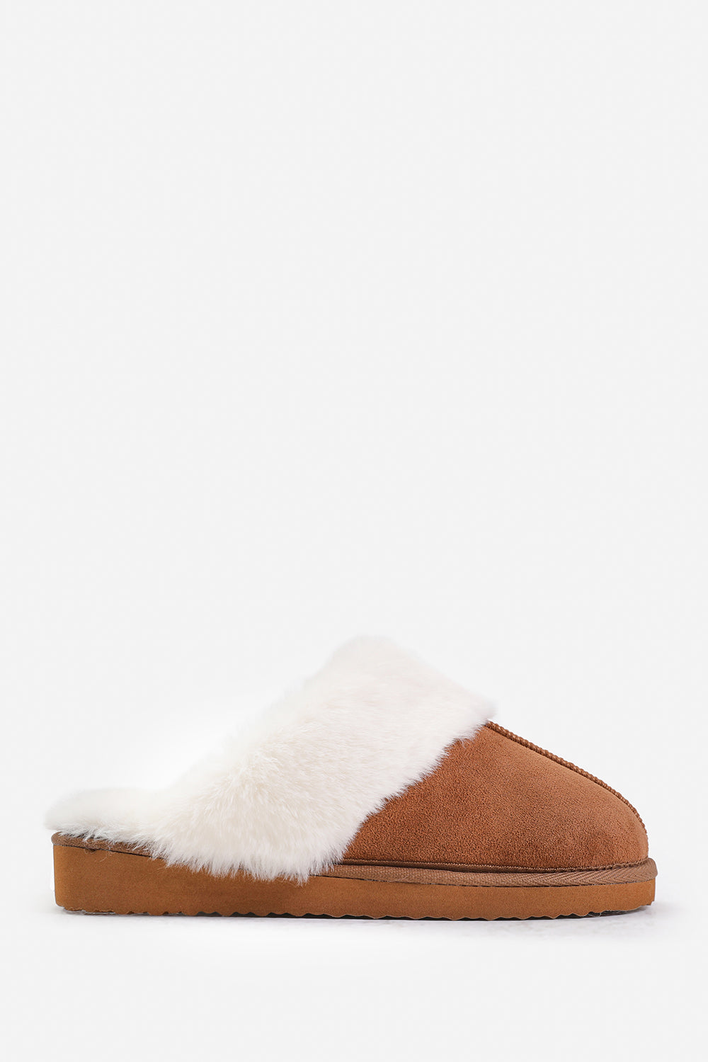 Sylvia Chestnut Suede Mule Slippers With Cosy Faux Fur Trim