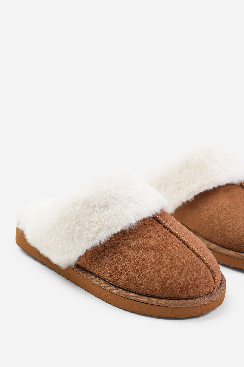 Sylvia Chestnut Suede Mule Slippers With Cosy Faux Fur Trim