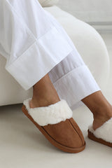 Sylvia Chestnut Suede Mule Slippers With Cosy Faux Fur Trim