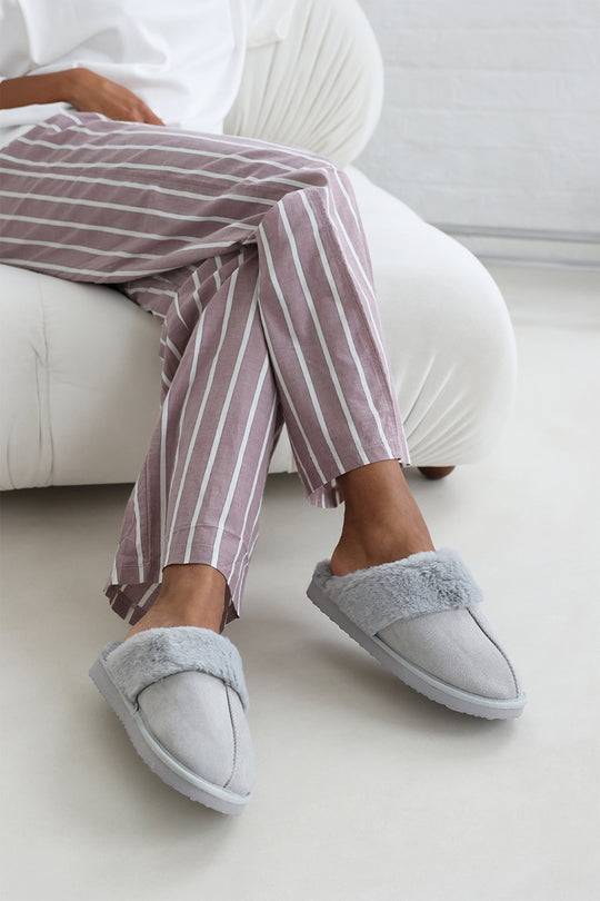 Sylvia Grey Suede Mule Slippers With Cosy Faux Fur Trim