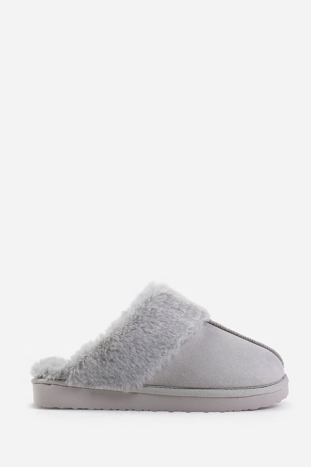 Ciara Grey Suede Faux Fur Trim Mule Slipper
