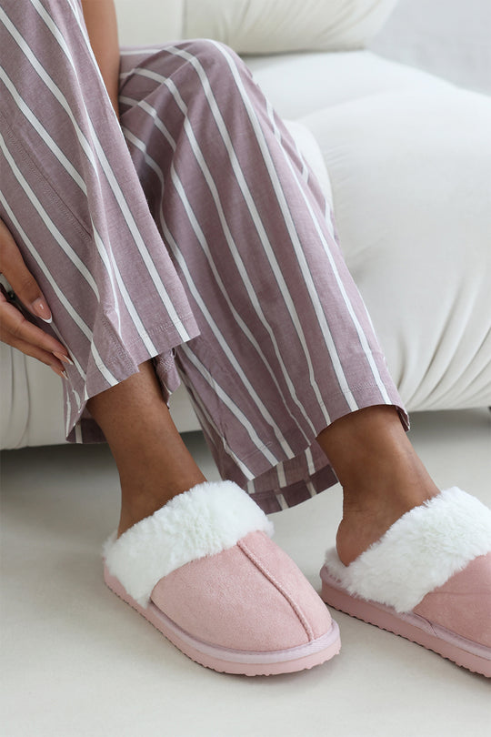 Sylvia Pink Suede Mule Slippers With Cosy Faux Fur Trim