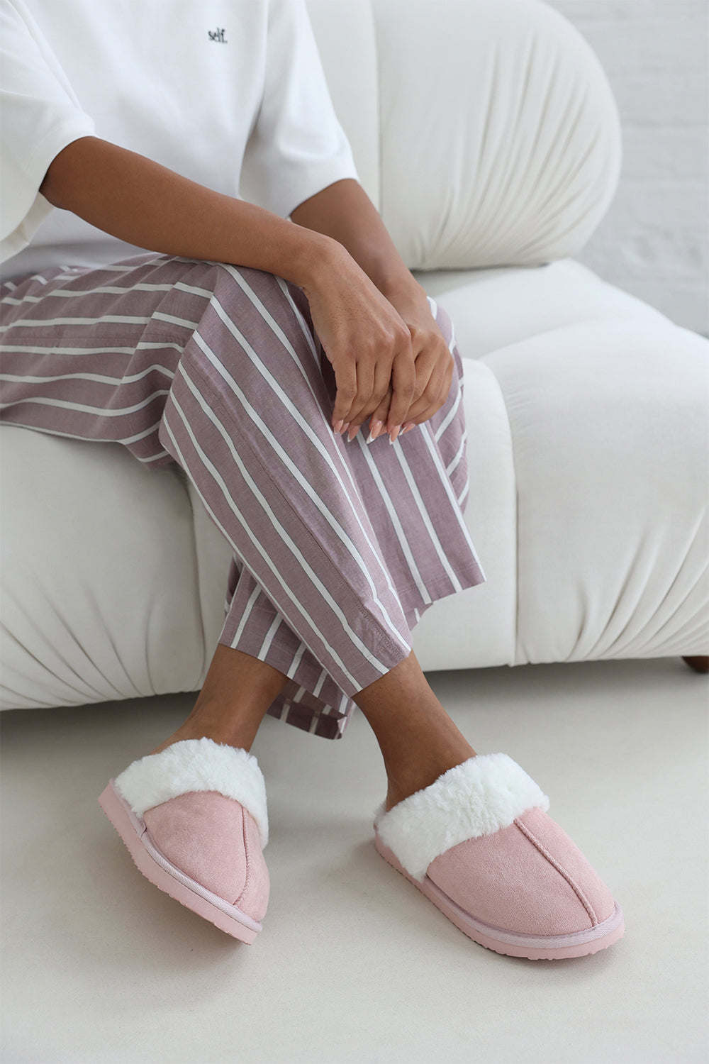 Sylvia Pink Suede Mule Slippers With Cosy Faux Fur Trim