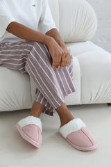 Sylvia Pink Suede Mule Slippers With Cosy Faux Fur Trim
