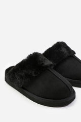 LOUNGE SLIP ON SLIPPERS WITH FUR TRIM IN BLACK SUEDE