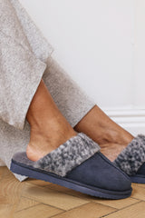 Comfort Blue Leopard Faux Fur Trim Mule Slipper