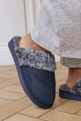 Comfort Blue Leopard Faux Fur Trim Mule Slipper