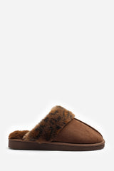 Comfort Brown Leopard Faux Fur Trim Mule Slipper