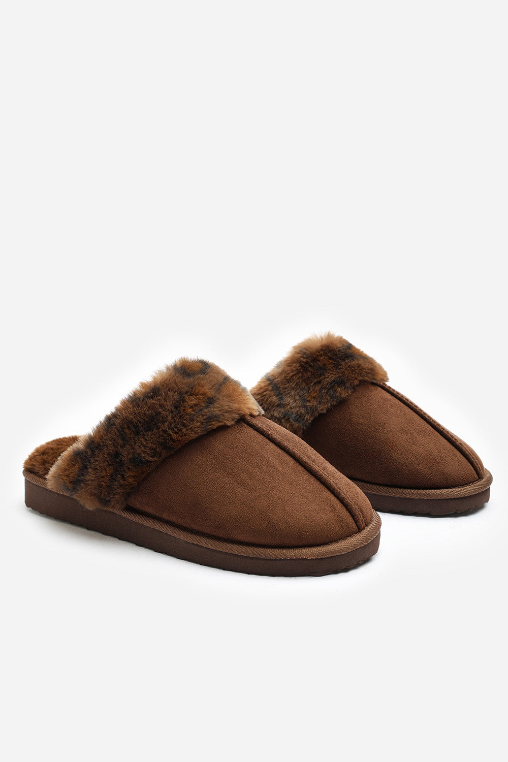 Comfort Brown Leopard Faux Fur Trim Mule Slipper