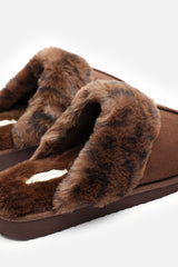 Comfort Brown Leopard Faux Fur Trim Mule Slipper