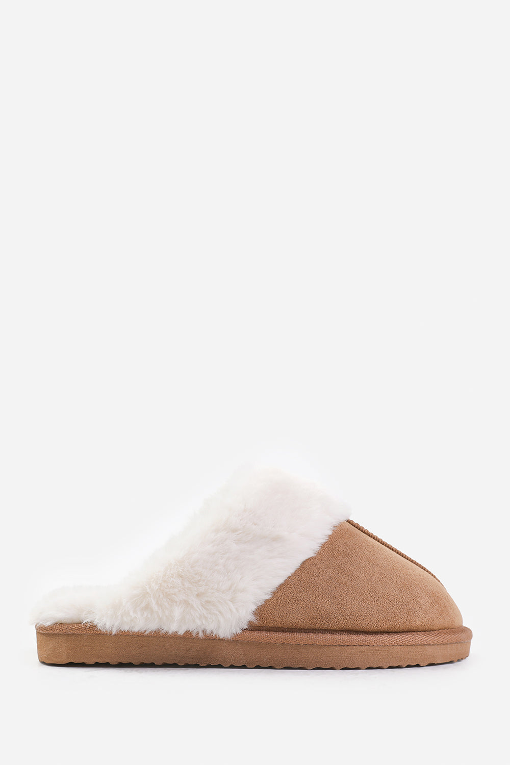 LOUNGE SLIP ON SLIPPERS WITH FUR TRIM IN CAMEL SUEDE