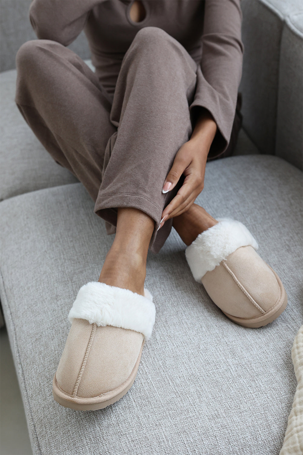 Ciara Cream Suede Faux Fur Trim Mule Slipper
