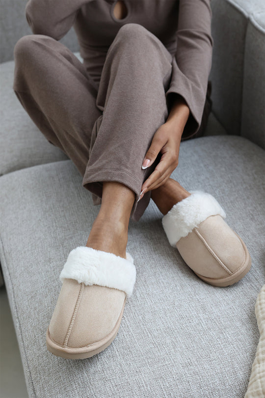Sylvia Cream Suede Mule Slippers With Cosy Faux Fur Trim