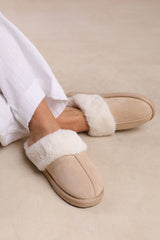 LOUNGE SLIP ON SLIPPERS WITH FUR TRIM IN CREAM SUEDE