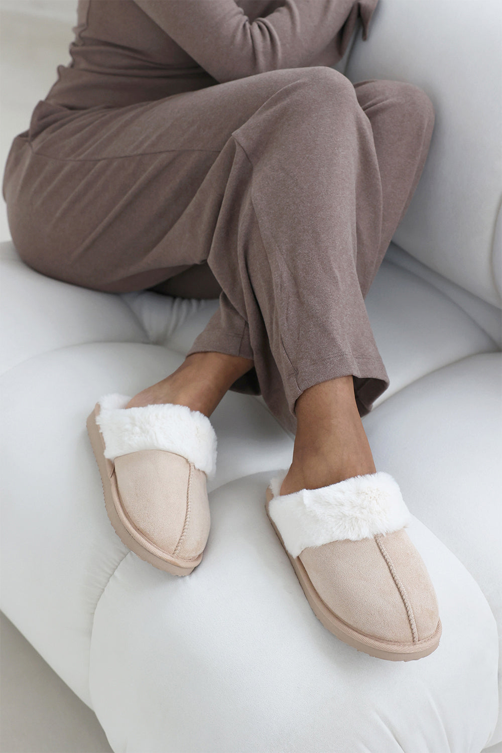 Sylvia Cream Suede Mule Slippers With Cosy Faux Fur Trim