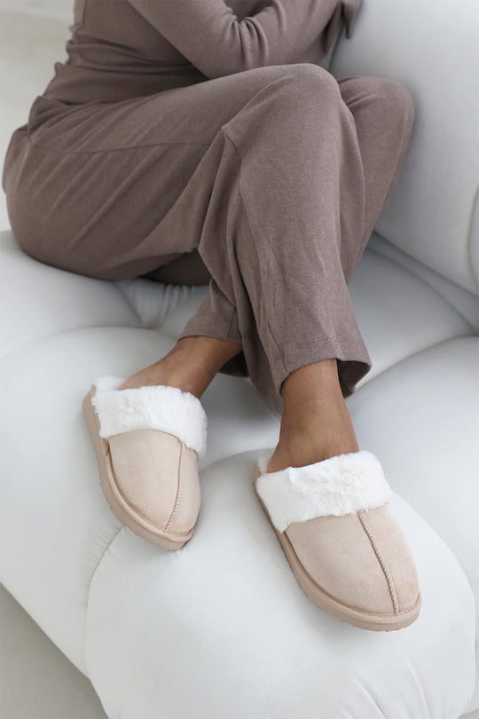 Ciara Cream Suede Faux Fur Trim Mule Slipper
