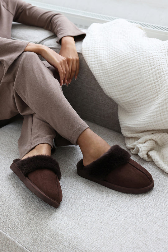 Lounge Slip on Slippers With Fur Trim In Brown Suede