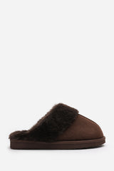 Lounge Slip on Slippers With Fur Trim In Brown Suede