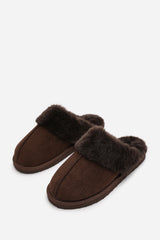 Lounge Slip on Slippers With Fur Trim In Brown Suede