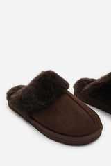Lounge Slip on Slippers With Fur Trim In Brown Suede
