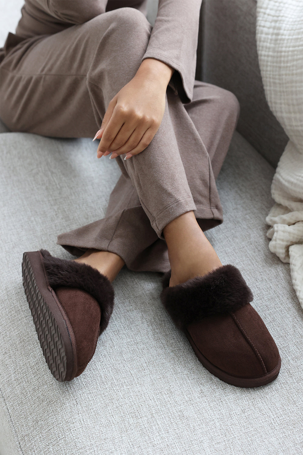 Lounge Slip on Slippers With Fur Trim In Brown Suede
