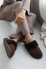Lounge Slip on Slippers With Fur Trim In Brown Suede