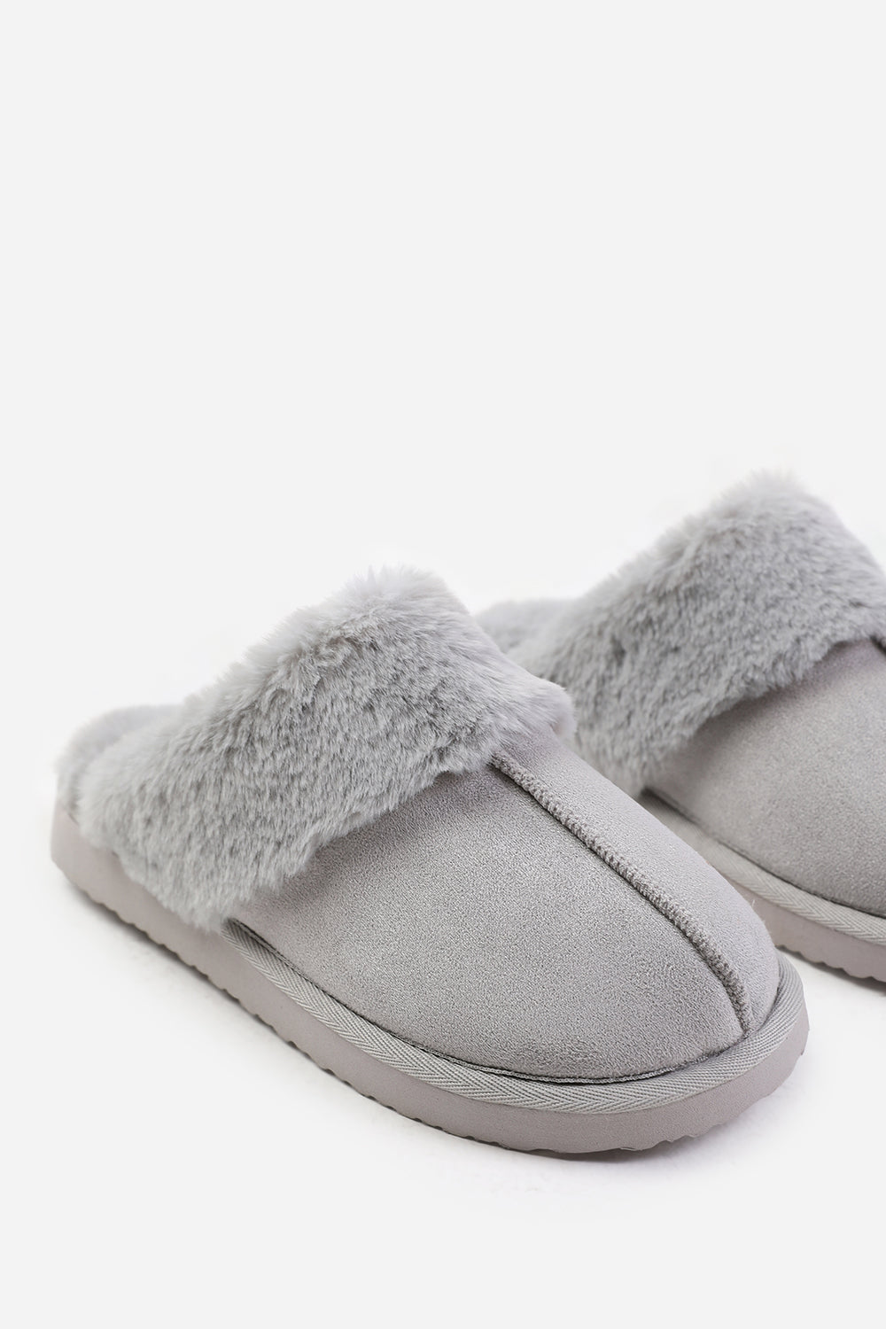 LOUNGE SLIP ON SLIPPERS WITH FUR TRIM IN GREY SUEDE