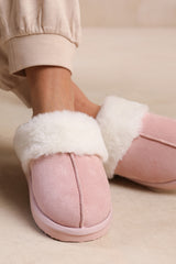 LOUNGE SLIP ON SLIPPERS WITH FUR TRIM IN PINK SUEDE