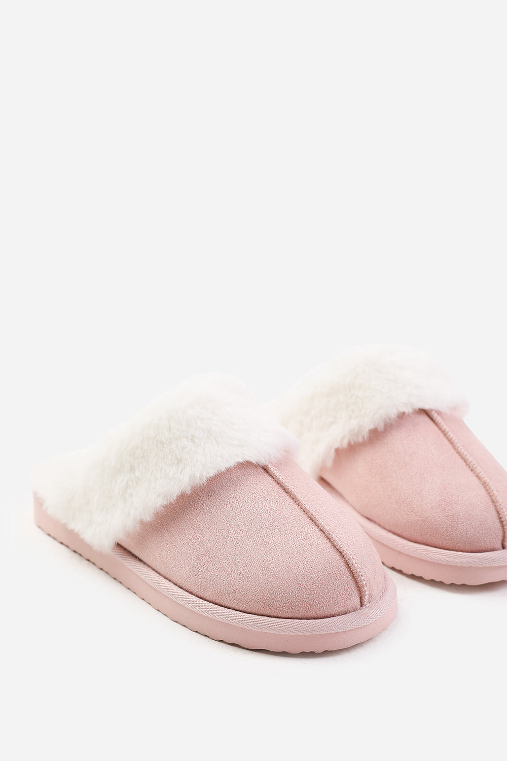 LOUNGE SLIP ON SLIPPERS WITH FUR TRIM IN PINK SUEDE