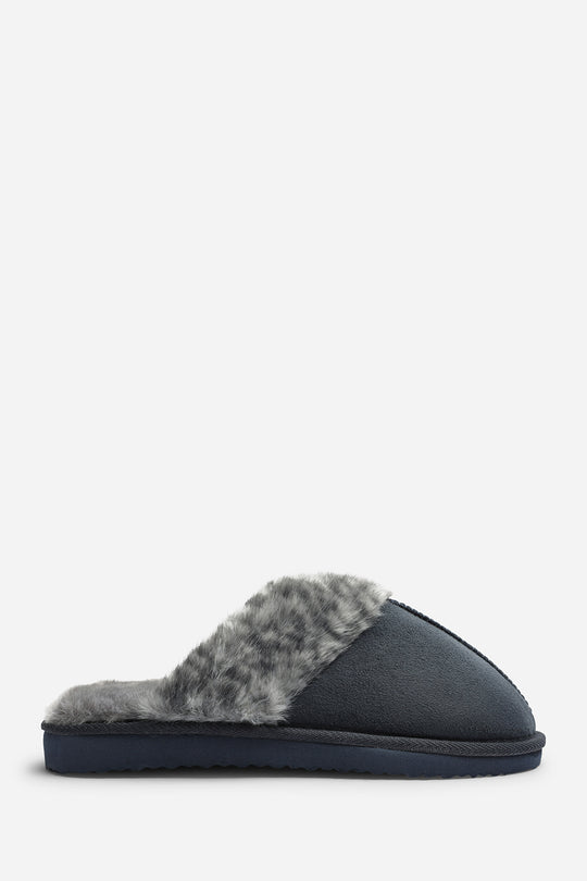 Comfort Blue Leopard Faux Fur Trim Mule Slipper