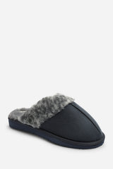 Comfort Blue Leopard Faux Fur Trim Mule Slipper