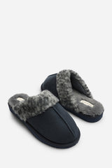 Comfort Blue Leopard Faux Fur Trim Mule Slipper