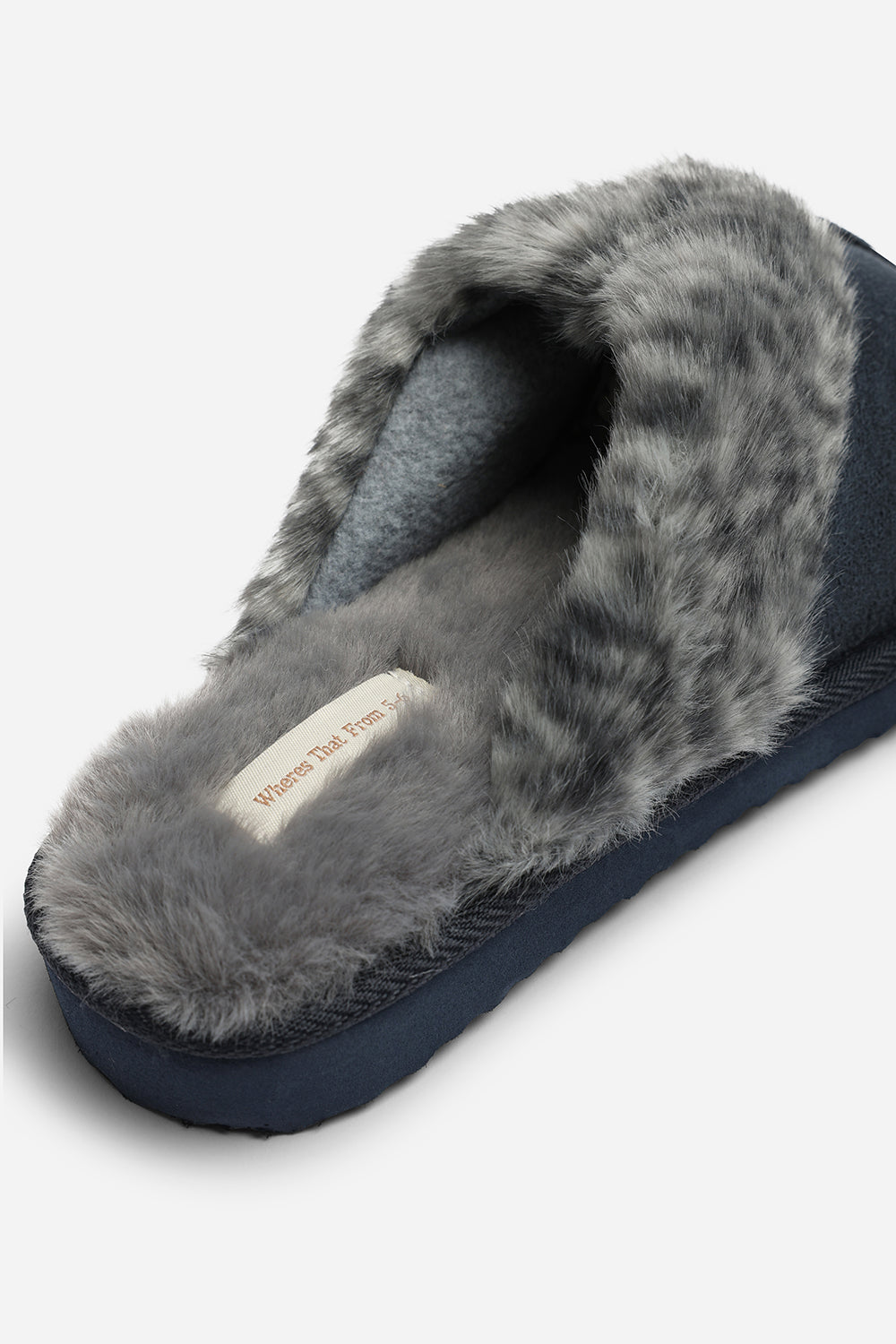 Comfort Blue Leopard Faux Fur Trim Mule Slipper