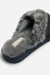 Comfort Blue Leopard Faux Fur Trim Mule Slipper