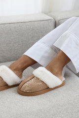 Flora Snake Print Mule Slippers with Camel Faux Fur Trim