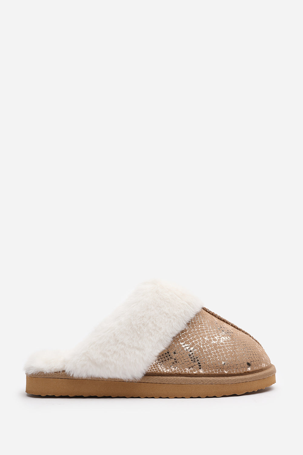 Flora Snake Print Mule Slippers with Camel Faux Fur Trim