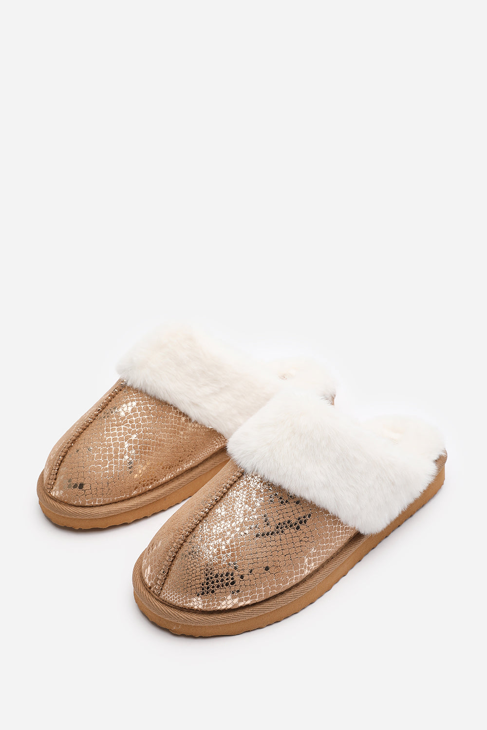 Flora Snake Print Mule Slippers with Camel Faux Fur Trim