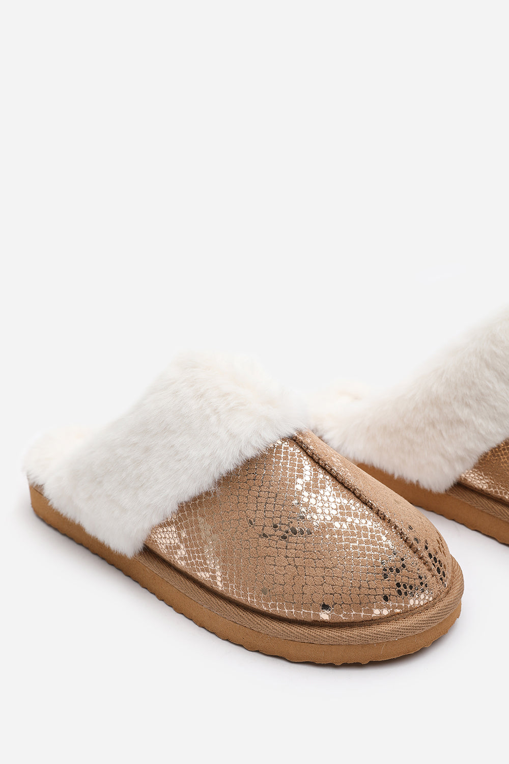 Flora Snake Print Mule Slippers with Camel Faux Fur Trim