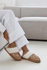 Flora Snake Print Mule Slippers with Camel Faux Fur Trim