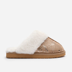 Qexira Snake Print Mule Slipper With Faux Fur Trim