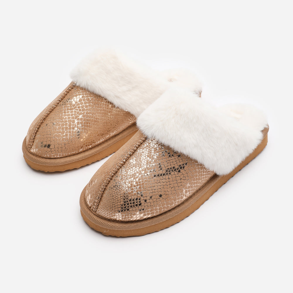 Qexira Snake Print Mule Slipper With Faux Fur Trim