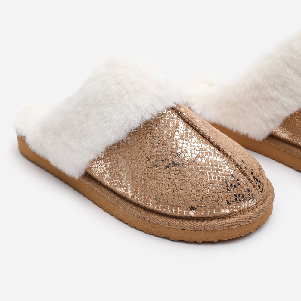 Qexira Snake Print Mule Slipper With Faux Fur Trim