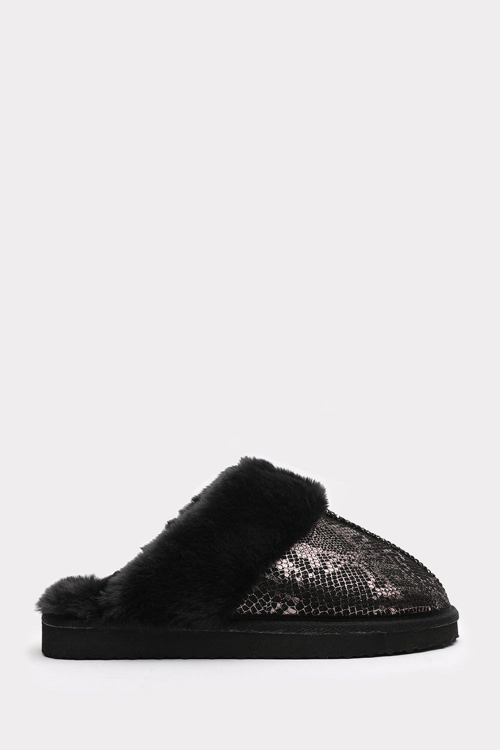 Flora Snake Print Mule Slippers with Black Faux Fur Trim