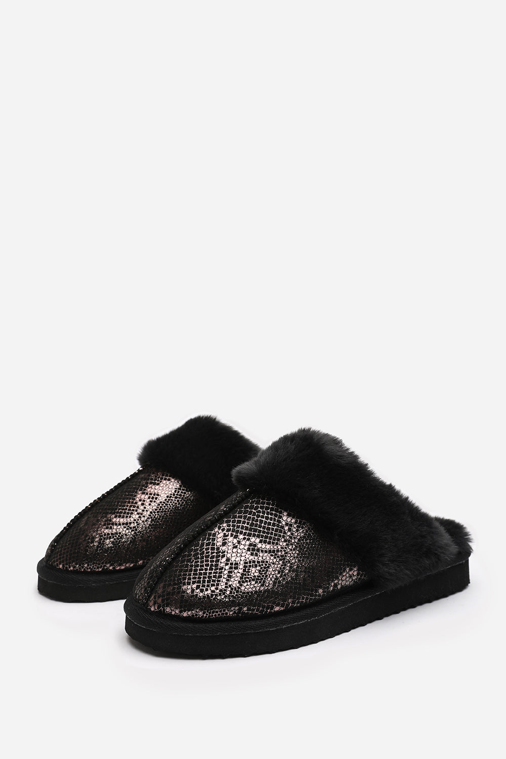 Flora Snake Print Mule Slippers with Black Faux Fur Trim